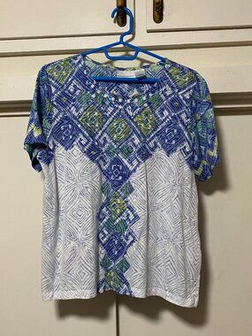Alfred Dunner, short sleeve, blue & white abstract design tunic, size L